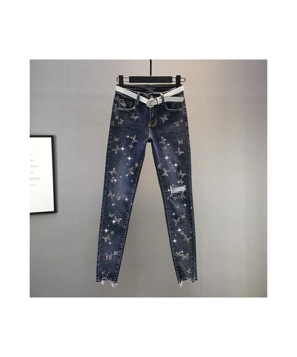 High Waisted Jeans Women Slim Fit Fashion Pencil Pants Chic Diamond Ripped Trousers Streetwear Pantalon Femme 2023 New Bottom...