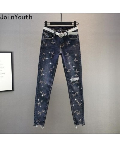 High Waisted Jeans Women Slim Fit Fashion Pencil Pants Chic Diamond Ripped Trousers Streetwear Pantalon Femme 2023 New Bottom...