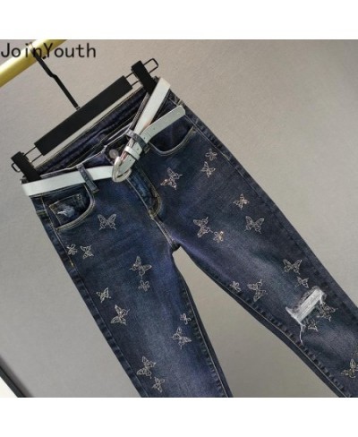 High Waisted Jeans Women Slim Fit Fashion Pencil Pants Chic Diamond Ripped Trousers Streetwear Pantalon Femme 2023 New Bottom...