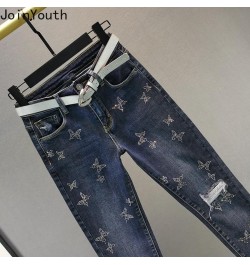 High Waisted Jeans Women Slim Fit Fashion Pencil Pants Chic Diamond Ripped Trousers Streetwear Pantalon Femme 2023 New Bottom...