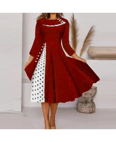 2023 New Women's Temperament Lapel Polka Dot Stitching Sleeves Retro Hip-Wrapped A-line Party Dress Women Knee-Length Dress $...
