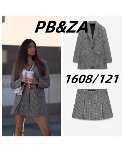 2023 spring new women's loose small checkered straight -tube suit jacket high -waist short pants skirt two -piece set $85.96 ...