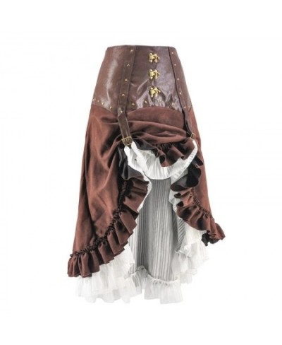 Victorian Brown & White Leather Adjustable Asymmetrical Ruffle Vintage Steampunk Sexy Skirt Gothic Clothing Women Ladies Skir...