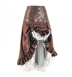 Victorian Brown & White Leather Adjustable Asymmetrical Ruffle Vintage Steampunk Sexy Skirt Gothic Clothing Women Ladies Skir...