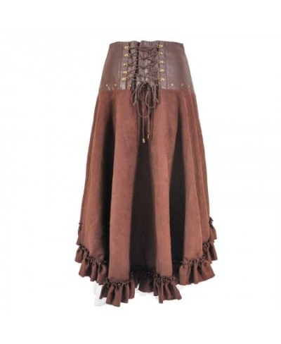 Victorian Brown & White Leather Adjustable Asymmetrical Ruffle Vintage Steampunk Sexy Skirt Gothic Clothing Women Ladies Skir...