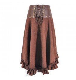 Victorian Brown & White Leather Adjustable Asymmetrical Ruffle Vintage Steampunk Sexy Skirt Gothic Clothing Women Ladies Skir...