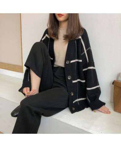 Cardigan Nadafair Plaid Cardigan Sweater Women's Lantern Sleeve Casual Loose Pullover Fall/Winter V-neck Knit Oversized $49.8...