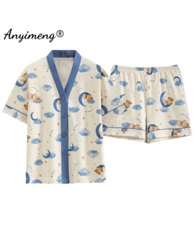 New Summer Fashion Women Pajamas Bear Printed Short Pants Cardigan Sleepwear Loose Size Leisure Korean Pijamas for Young Girl...