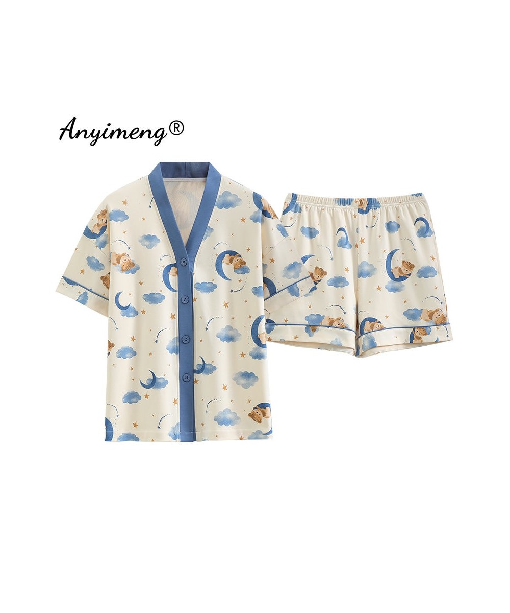 New Summer Fashion Women Pajamas Bear Printed Short Pants Cardigan Sleepwear Loose Size Leisure Korean Pijamas for Young Girl...