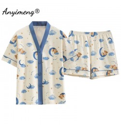 New Summer Fashion Women Pajamas Bear Printed Short Pants Cardigan Sleepwear Loose Size Leisure Korean Pijamas for Young Girl...