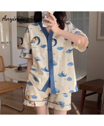 New Summer Fashion Women Pajamas Bear Printed Short Pants Cardigan Sleepwear Loose Size Leisure Korean Pijamas for Young Girl...