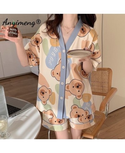 New Summer Fashion Women Pajamas Bear Printed Short Pants Cardigan Sleepwear Loose Size Leisure Korean Pijamas for Young Girl...