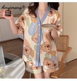 New Summer Fashion Women Pajamas Bear Printed Short Pants Cardigan Sleepwear Loose Size Leisure Korean Pijamas for Young Girl...