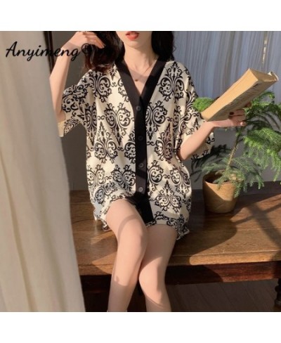 New Summer Fashion Women Pajamas Bear Printed Short Pants Cardigan Sleepwear Loose Size Leisure Korean Pijamas for Young Girl...