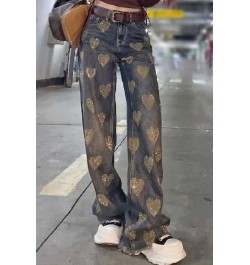 Streetwear High Waist Drooping Jeans Women 2023 Spring Heavy Embroidery Hot Drilling Love Baggy Pangs Denim Wide-Leg Trousers...