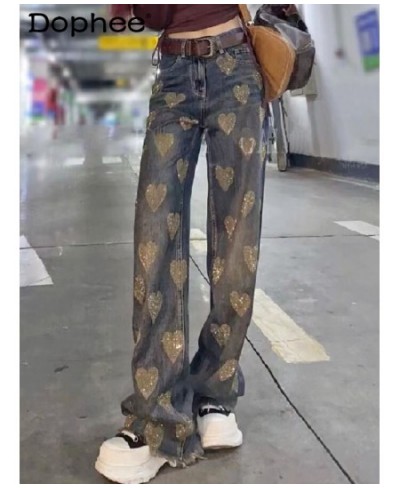 Streetwear High Waist Drooping Jeans Women 2023 Spring Heavy Embroidery Hot Drilling Love Baggy Pangs Denim Wide-Leg Trousers...