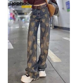 Streetwear High Waist Drooping Jeans Women 2023 Spring Heavy Embroidery Hot Drilling Love Baggy Pangs Denim Wide-Leg Trousers...