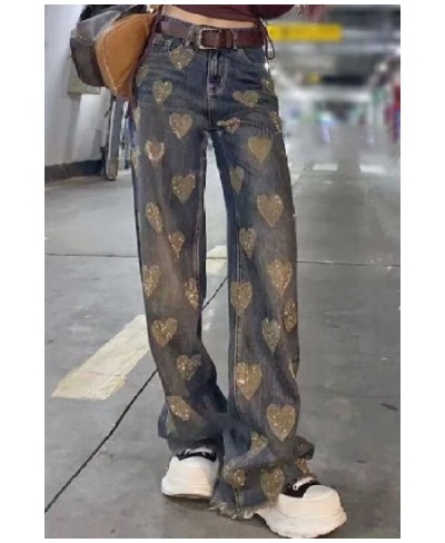 Streetwear High Waist Drooping Jeans Women 2023 Spring Heavy Embroidery Hot Drilling Love Baggy Pangs Denim Wide-Leg Trousers...