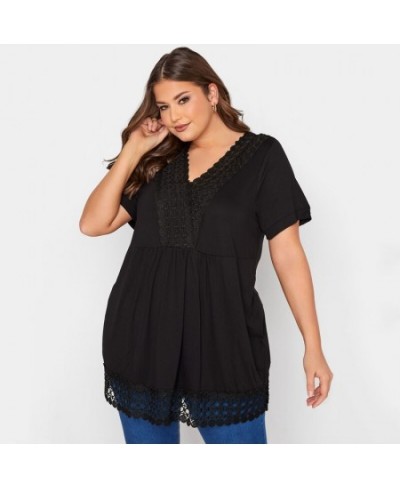 Plus Size Summer Elegant Peplum Tunic Women Short Sleeve Lace Panel V-neck Casual Blouse Top Plus Size Women Clothing 5XL 6XL...