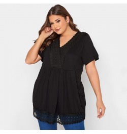 Plus Size Summer Elegant Peplum Tunic Women Short Sleeve Lace Panel V-neck Casual Blouse Top Plus Size Women Clothing 5XL 6XL...