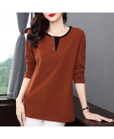 Casual Fashion O-Neck Button Spliced Tee Shirt 2022 Autumn New Commute Pullovers Tops Oversized Loose All-match Woman Tshirts...