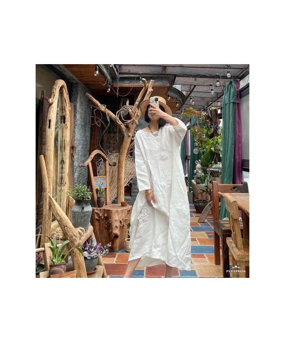 Women Spring Summer Linen Embroidred White Dress Ladies Robe Dress Female Vintage Flax Dresses $103.64 - Dresses