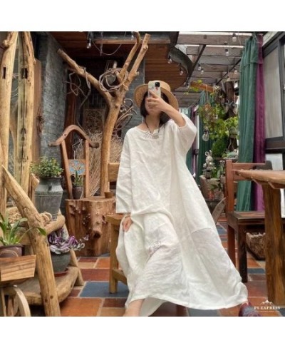 Women Spring Summer Linen Embroidred White Dress Ladies Robe Dress Female Vintage Flax Dresses $103.64 - Dresses