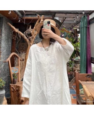 Women Spring Summer Linen Embroidred White Dress Ladies Robe Dress Female Vintage Flax Dresses $103.64 - Dresses