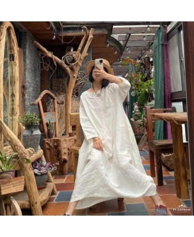 Women Spring Summer Linen Embroidred White Dress Ladies Robe Dress Female Vintage Flax Dresses $103.64 - Dresses