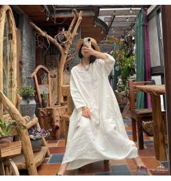 Women Spring Summer Linen Embroidred White Dress Ladies Robe Dress Female Vintage Flax Dresses $103.64 - Dresses