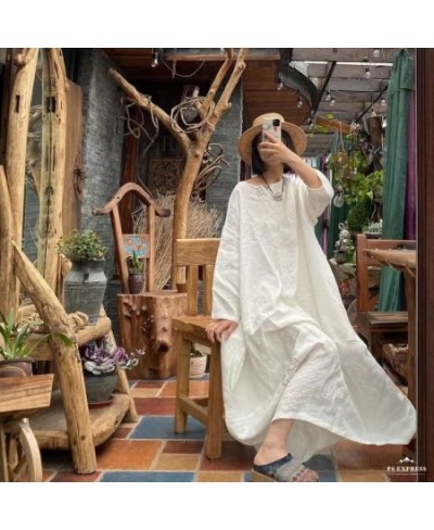 Women Spring Summer Linen Embroidred White Dress Ladies Robe Dress Female Vintage Flax Dresses $103.64 - Dresses