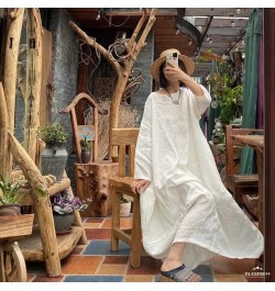 Women Spring Summer Linen Embroidred White Dress Ladies Robe Dress Female Vintage Flax Dresses $103.64 - Dresses