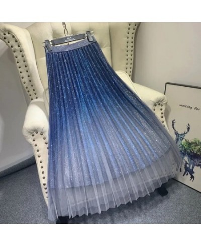 2022 Summer Tulle Skirt Sequin skirt High Waist long pleated Skirt Blue Evening Party Sexy Skirt Women falda sparkling skirt ...