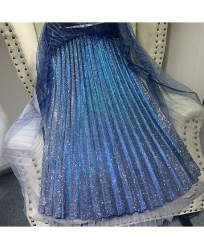 2022 Summer Tulle Skirt Sequin skirt High Waist long pleated Skirt Blue Evening Party Sexy Skirt Women falda sparkling skirt ...