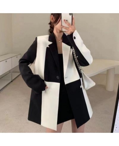 Women Blazer Black White Color Matching Asymmetry Chic And Elegant Woman Jacket Irregular Fashion Oversize Winter Jacket $55....