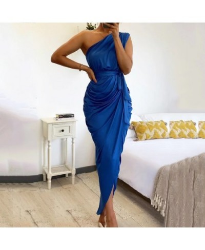 Women Maxi Dress Fashion Solid One Shoulder Sleeveless Lace Up Pleated Nipped Slim Waist Slit Pleated Irregular Dresses $42.9...