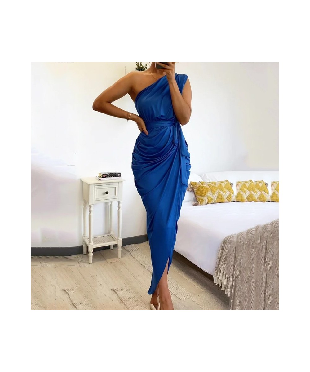 Women Maxi Dress Fashion Solid One Shoulder Sleeveless Lace Up Pleated Nipped Slim Waist Slit Pleated Irregular Dresses $42.9...