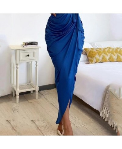 Women Maxi Dress Fashion Solid One Shoulder Sleeveless Lace Up Pleated Nipped Slim Waist Slit Pleated Irregular Dresses $42.9...