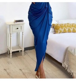 Women Maxi Dress Fashion Solid One Shoulder Sleeveless Lace Up Pleated Nipped Slim Waist Slit Pleated Irregular Dresses $42.9...