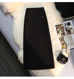 Elegant Retro A-line Skirt Womens Fall Winter High Waist Straight Split Office Skirt Female Solid Color All-match Woman Cloth...