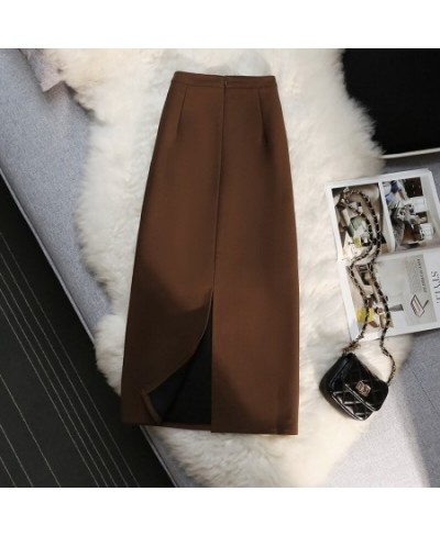 Elegant Retro A-line Skirt Womens Fall Winter High Waist Straight Split Office Skirt Female Solid Color All-match Woman Cloth...