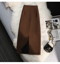 Elegant Retro A-line Skirt Womens Fall Winter High Waist Straight Split Office Skirt Female Solid Color All-match Woman Cloth...