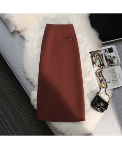 Elegant Retro A-line Skirt Womens Fall Winter High Waist Straight Split Office Skirt Female Solid Color All-match Woman Cloth...