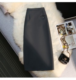 Elegant Retro A-line Skirt Womens Fall Winter High Waist Straight Split Office Skirt Female Solid Color All-match Woman Cloth...