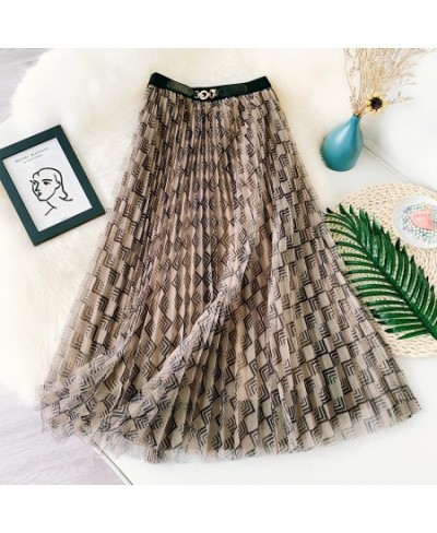 Plaid Stripe Casual Slim Vintage Mesh Pleated Maxi Skirt 2023 Autumn Winter Plaid Pleated Long Skirt Elegant Party Long Skirt...