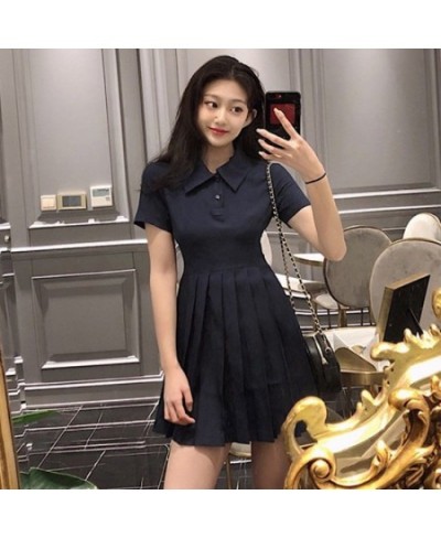 Short Sleeve Dress Women Summer Folds Simple Casual Turn-down Collar A-line Korean Style College Street Wear Tender Young $36...
