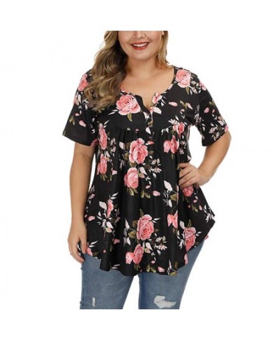 Big Sizes Summer Woman T-Shirt Loose Short Sleeve Flower Print Shirts Female Casual Clothing Large Size Tops 5XL $25.49 - Plu...