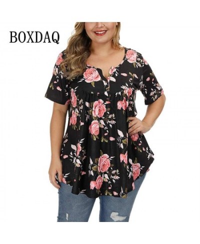 Big Sizes Summer Woman T-Shirt Loose Short Sleeve Flower Print Shirts Female Casual Clothing Large Size Tops 5XL $25.49 - Plu...