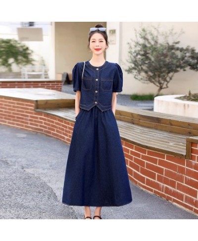 Korean Fashion Denim 2 Two Piece Set Women Vintage Short Sleeve Small Coats Crop Tops + High Elastic Waist Mid Skirt Suits $9...