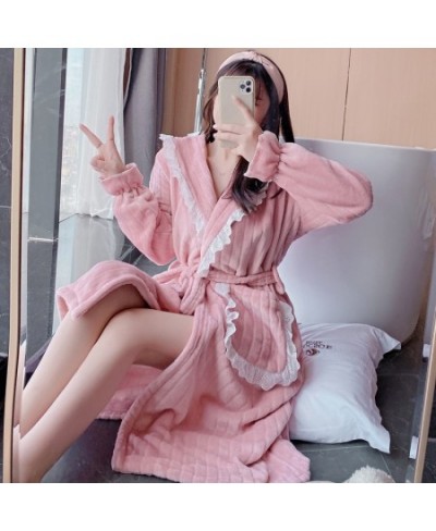 2022 Winter Long Sleeve Thick Warm Flannel Kimono Robes for Women Cute Lace Bathrobe Sleepwear Bath Robe Nightdress Night Dre...